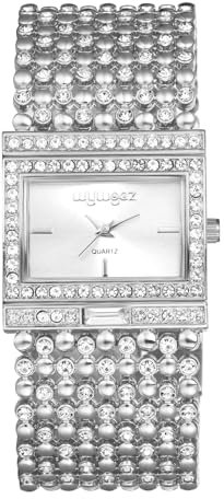 JewelryWe Damenuhr Glitzer Rechteckig Uhr: Damen Bling Strass Analog Quarz Armbanduhr Frauen Silber Breit Metallarmband Armreif Lässige Diamant Spangenuhr mit Eckigem Zifferblatt