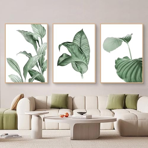 Ueiwffzo 3er Set Poster Grüne Pflanze Blätter Bilder, Botanisch Kunstdruck Wanddeko, Aesthetic Wandbilder Wohnzimmer Schlafzimmer Deko, Ohne Rahmen (50x70cm)