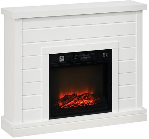 HOMCOM Camino Elettrico con Effetto Fiamma 3D 97cm 1800W Bianco | Caminetto Elettrico, Spegnimento Automatico, Risacaldamento Regolabile, Termostato, Timer， Telecomando, per Soggiorno 30㎡