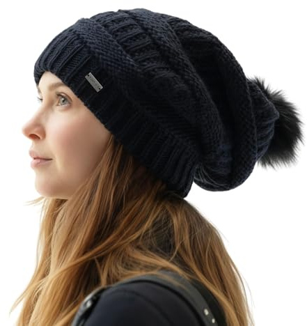 TOP-EX Wintermütze Damen 100% Wolle Slouchy Beanie mit Fellbommel - Satinfutter, Winddicht & perfekt für Outdoor-Sport - Schwarz