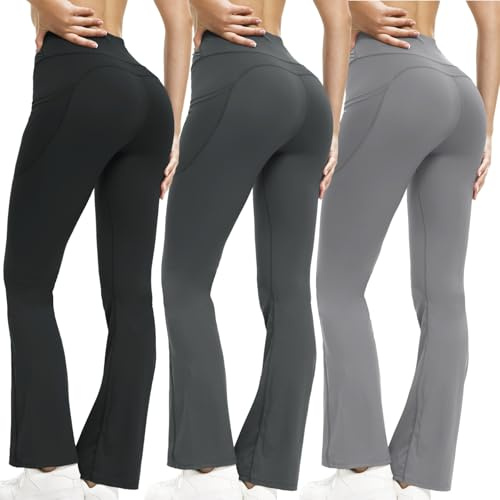Shgiloo 3 Packs Women's Flare Leggings with Pockets, Soft High Waisted Tummy Control Bootcut Workout Yoga Pants