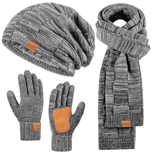 Mens Hat Gloves Scarf Set Winter, Thick Thermal Fleece Lined Slouchy Beanie Long Scarf Touchscreen Gloves, 3 in 1 Warm Set for Cold Weather(Mix-Grey)