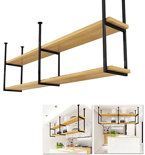 LSyySy Floating Shelves Decorative 2 Tier Wood Shelving, Kitchens Storage Rack with Ceiling Hanging Metal Iron Frame Plant Shelf Flower Pot Stand Wine Holder for Bars,Living Room/Restaurants
