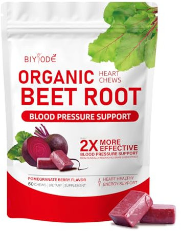 Organic Beet Root Gummies,Beets Heart Chews, Nitric Oxide and Pressure Support, Grape Seed Extract & Beetroot Powder Energy Supplement, 60 Count