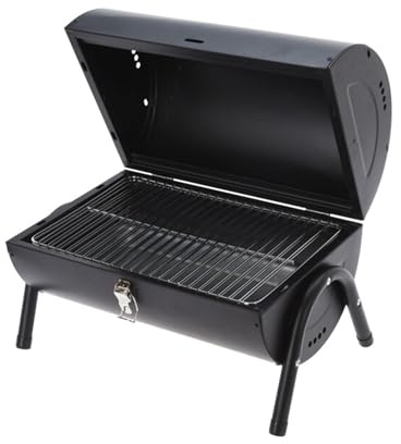Barbacoa cilindro de metal negro mate con mango de madera y patas metálicas - Incluye 2 rejillas y 2 placas metálicas 38x24,5cm