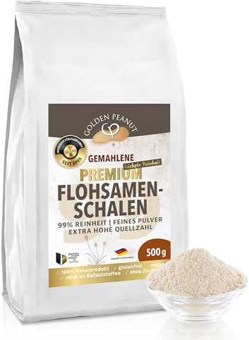 GOLDEN PEANUT Bucce di semi di psillio in polvere 99% 2 x 500 g Psyllium finemente macinato senza additivi, ingrediente di cottura ideale senza glutine