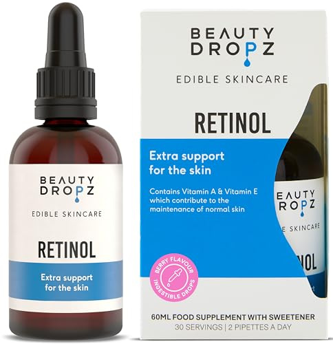 Beauty Dropz Retinol Oral Skin Care Drops – Fine Line Reduction – Vitamin A (Retinyl) – Youthful Glow – Vitamin E / Vegan Liquid Supplement for Radiant Skin – Berry Flavour – 60ml