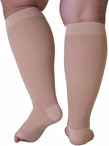 2 Pares De Calcetines De Compresión 15-35 mmHg para Mujeres Y Hombres, hasta La Rodilla Punta Abierta Soporte Firme Venas Varicosas Graduadas Medias, Skin Color, 5XL
