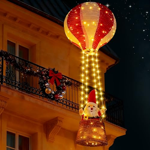 Buudala Weihnachtsmann Heißluftballon Lichterkette, 110cm 125 LED Weihnachtsbeleuchtung Fenster Innen Außen Weihnachten lichterkette mit Santa, 8 Modi Timer Weihnachtsdeko für Balkon Weihnachtsbaum