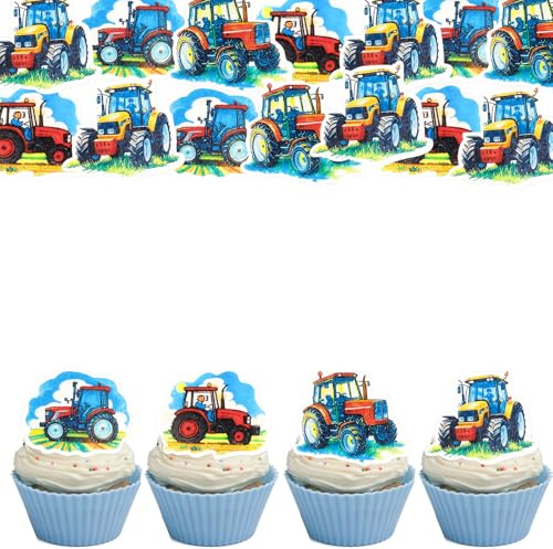 Gleevio 56 Stück Traktor Tortendeko Essbar, 4 Stile, Kuchendeko Traktor, Esspapier Tortendeko Bauernhof Geburtstag Deko, Essbare Bauernhof Cupcake Topper Geburtstag Junge, Kuchen Deko Familienfeiern