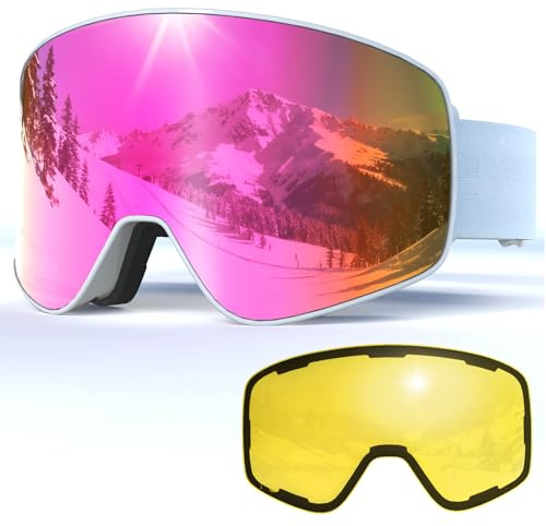 Occhiali da Sci con Magnetico Lenti Intercambiabili,YH212 Maschera da Sci OTG per Unisex Anti-UV400 Anti Nebbia Antipolvere Antivento Occhiali da Neve per Ski Ciclismo Moto (04-REVO Rosa/Bianco+Lente)