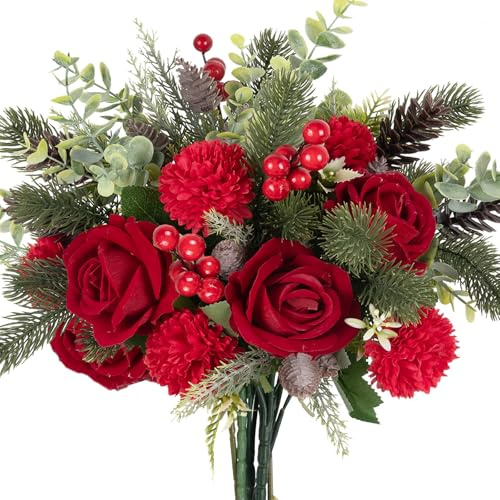 GYWJJ Christmas Artificial Flowers Red Berries Green Pine Neddles Fake Christmas Flowers Bouquet with Roses and Hydrangea Christmas Floral Arrangement for Home Table Holiday Wedding Grave Decor (13)
