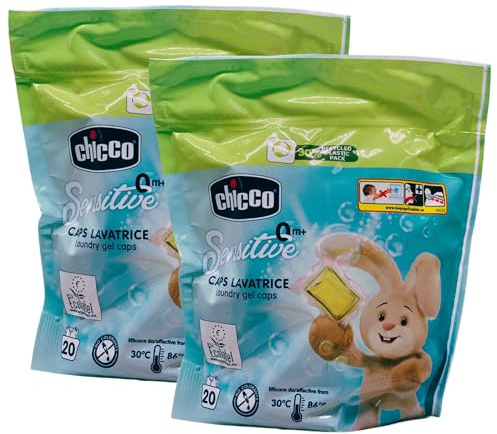 Detersivo Lavatrice in Capsule SENSITIVE 0m+. Rimuove Macchie e Odori, Per Lavaggi a Mano e In Lavatrice a Basse e Alte Temperature, Ipoallergenico. Confezione Da 20 Capsule (2 Unità)