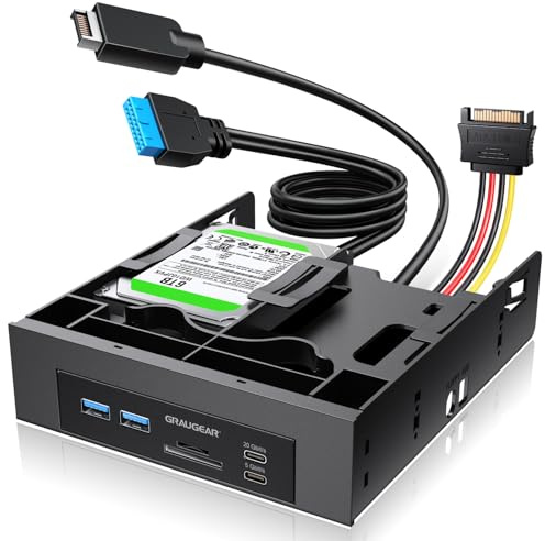 GRAUGEAR 5.25” Front Panel USB Hub, Internal SD/microSD Card Reader for Desktop PC, Gen2x2 20Gbps USB-C Port, Dual 2.5 SSD/HDD Slots, USB3.2 Type-E Key-A & USB3.0 19-Pin Header