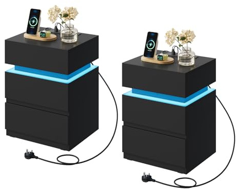WOLTU Nachttisch 2er Set, mit Steckdose, Nachtschrank mit LED-Beleuchtung, Schwarz, 2 Schubladen und 1 Ablagefach, 40 x 35 x 55 cm, geeignet für Schlafzimmer, Wohnzimmer, moderner Stil, NTS23sz-2