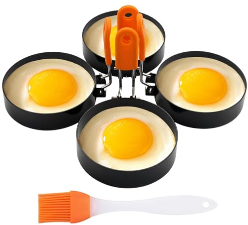 4 Pack Stainless Steel Egg Rings,Non Stick Egg Rings for Frying | 9cm Stainless Steel Fried Egg Mold with Anti-Scald Folding Handle for Poached Eggs,Sandwiches and Breakfast Kitchen Gadget