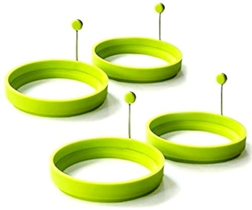 Cisixin Set di 4 Anelli d'uovo in Silicone – stampi per frittelle antiaderenti, Rotondi per Cottura con Manico per friggere (Verde)