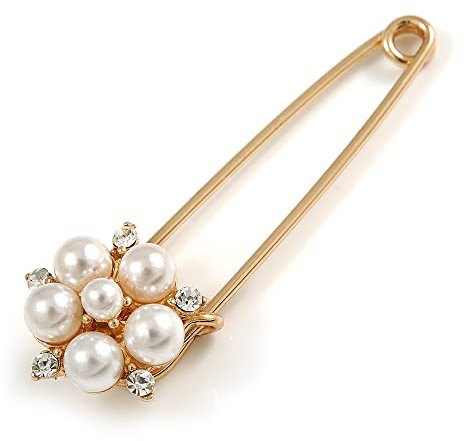 Avalaya - Broche/Épingle à nourrice plaqué or avec fausse perle, fleur en cristal – 75 mm