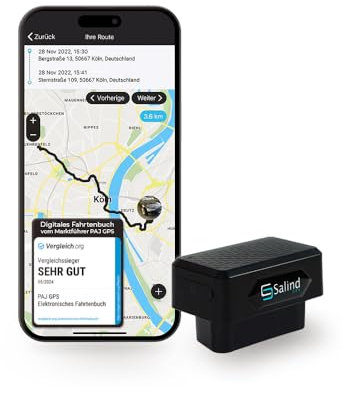 Salind GPS - Elektronisches Fahrtenbuch GPS Tracker für Autos, LKWs und Lieferwagen - finanzamtkonform, lückenlos Streckenaufzeichnung & manipulationssicher, OBD2 Stecker, weltweite Ortung