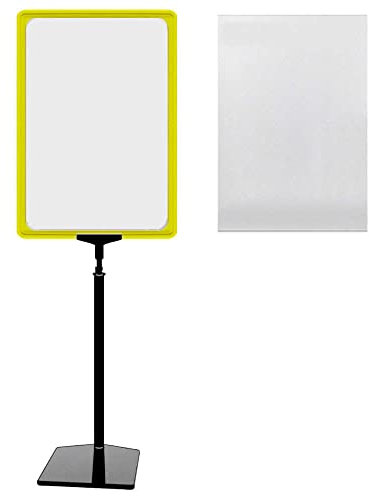 4 Plakatständer DIN A3 Rahmen gelb mit U-Tasche, Ständer Kunststoff schwarz, Teleskopständer mit Fuß eckig und Stahleinlage, Kundenstopper höhenverstellbar bis 68 cm, Aufsteller