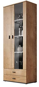 Mirjan24 Standvitrine 2D2S Soho S6, Vitrine, Glasvitrine, Vitrinenschrank, Hochschrank, Stauraumvitrine, Wohnzimmer Highboard Schrank (Eiche Lefkas/Eiche Lefkas + Schwarz, mit RGB LED Beleuchtung)