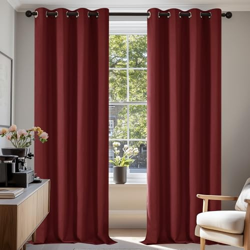Deconovo Thermovorhang Wohnzimmer Blickdicht Hitzeschutz Curtain Rot | 2er Set, H220 x B140 cm, Thermovorhang mit Ösen, Verdunkelnd und Hitzeschutz Vorhang für moderne Wohnräume besonders geeignet