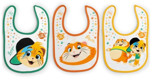 LULABI 44 GATTI BOY - 3er-Set aus Babylätzchen, 100% aus weicher Baumwolle mit 44 Katzen Aufdruck, Lätzchenpackung, Klettverschluss, hypoallergen, wiederverwendbar, unisex, 19 x 17 cm - Bunt