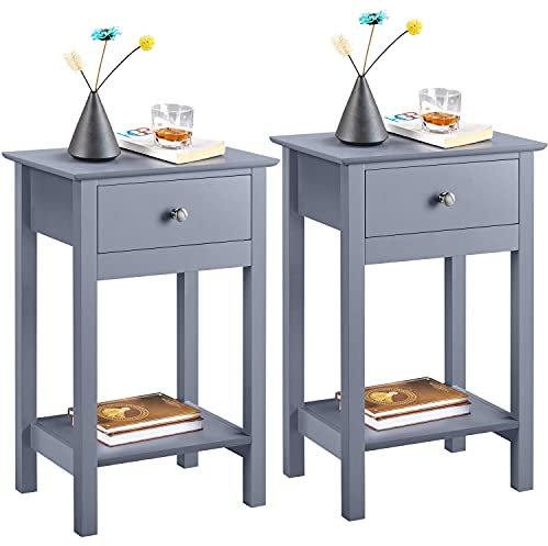 Yaheetech 2 Stück Nachttische Nachtschrank mit Schublade und Ablage Beistelltisch aus Holz Ablagetisch Nachtkonsole für Schlafzimmer und Wohnzimmer, Grau