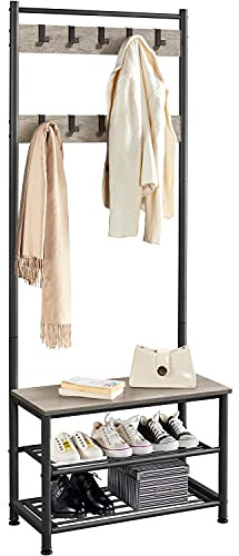 Yaheetech Perchero de Pie con Zapatero Perchero de Entrada Recibidor de Industrial Zapatero Recibidor de Madera con 3 Estantes y 9 Ganchos Desmontables 72.5x33x184.5cm Gris