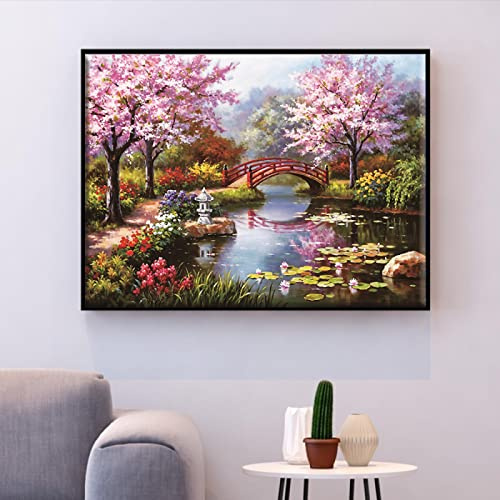 Rosa Kirschbaum Brücke Poster und Drucke, Landschaftsbilder Abstrakte Gemälde auf Leinwand Kunstdruck, Kunst Bild für Wohnzimmer Dekor 60x80cm Ohne Rahmen