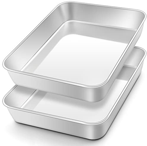 Onader Small Oven Tray Set of 2, Deep Cake Tin Rectangle Baking Tray, Stainless Steel Bake Sheet Pans Ideal for Lasagne Cookie Pizza, Flat Surface & Brushed Finished, Dishwasher Safe, 26x20x5cm