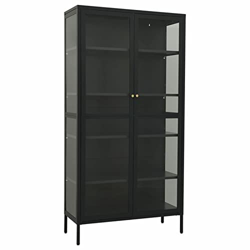 Gecheer Vitrinenschrank, Glasvitrine mit 4 Einlegeböden, Bücherschrank Sideboard Kommode Anrichte Beistellschrank Mehrzweckschrank Stahl und Gehärtetes Glas Anthrazit 90x40x180 cm