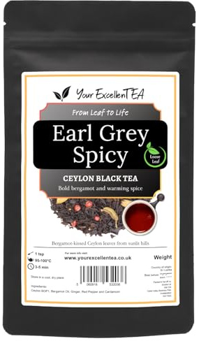 Earl Grey Spicy Loose Leaf Black Tea with Bergamot Oil & Spices, 50g | BOP1 Ceylon leaves blended with ginger, red pepper and cardamom for a warming citrus cup, packed in a resealable pouch.