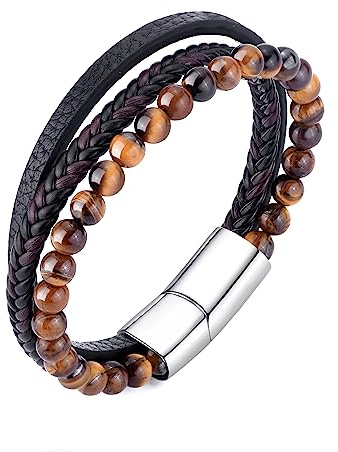 Philip Jones Men's Genuine Leather Tiger's Eye Bracelet