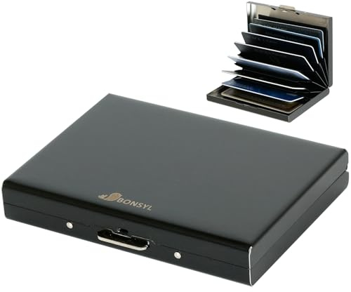 BONSYL® Ultratunn Kreditkortshållare RFID-Skyddande Metallplånbok för Mot Elektroniska Tjuvar, Kreditkortsfodral i Rostfritt Stål Med 8 Platser för Kvinnor och Män. (8 Kort/Svart)