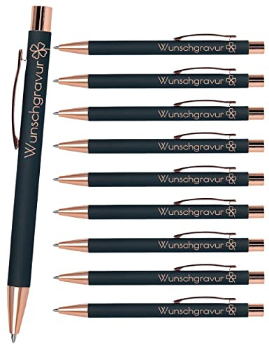 Online 10x Personalisierter Kugelschreiber mit Gravur Soft Metal Grey Rosegold I Softtouch Feeling I auswechselbare Großraum-Mine I Schreibfarbe blau I persönliches Geschenk