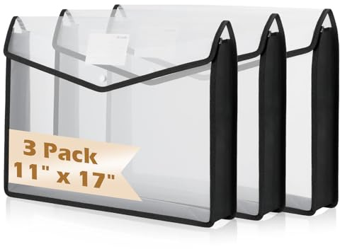 3 Pcs 11 x 17 Inch Expandable Tabloid Size Document Folder with Label A3 Plastic Folders for Documents Expanding File Wallet Envelope Size (3, Black)