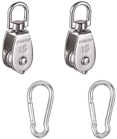 2 Sets 304 Stainless Steel Silver Single Rope Pulley Block, 35kg Max Load | M15 Swivel Pulley Block Roller with M5 Spring Snap Hooks, 360° Rotatable Wheel for Washing Line Indoor Outdoor Rope DIY Gear