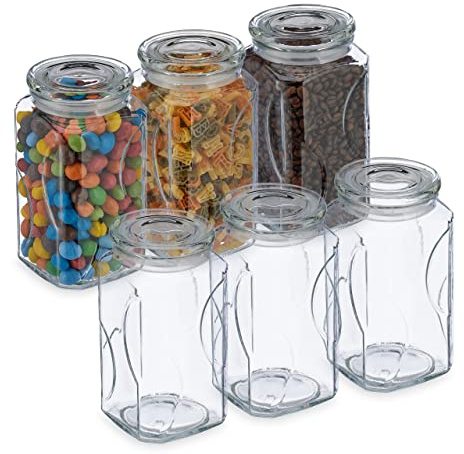 Relaxdays Vorratsgläser mit Deckel, 6er Set, Glas, 1000 ml, eckige Vorratsdosen, luftdichte Glasbehälter, transparent