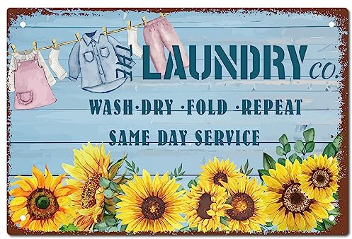 CREATCABIN Lavanderia Segno Girasole Decor Metallo Targa in Metallo Wall Art Vintage Retro Poster Targhe in Ferro Dipinti Impermeabili per La Casa Toilette Decorazioni Bagno 20 x 30cm