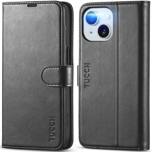 TUCCH Hülle für iPhone 15 5G 2023(6,1 Zoll) Handyhülle, Schwarz | TPU, Kartenfächer, RFID Blocker, Standfunktion, Magnet, Stoßfeste Schutzhülle, Klapphülle Kompatibel mit iPhone 15