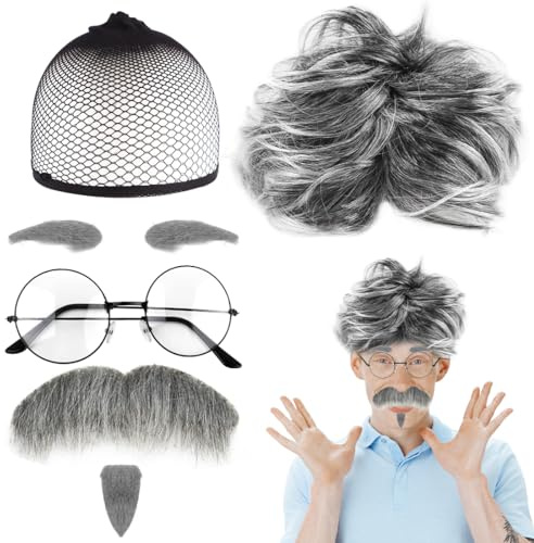 Opa Perücke Kostüm Set, 6 Stück Alter Mann Großvater Cosplay Zubehör - Grandpa Opa Perücke Kappe Brillen Augenbrauen Schnurrbart Runde für Karneval Halloween