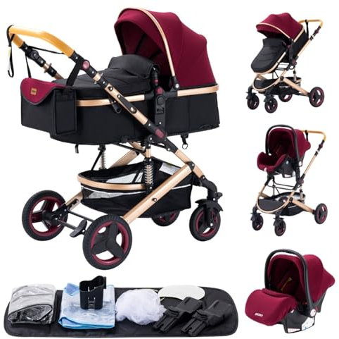 YAZOCO kinderwagen 3 in 1 Buggy Babybett Komplett Set Einem Klick Zusammenklappbarer Kinderwagen, KombiKinderwagen Aluminiumrahmen für Neugeborene Sitzzubehör (2 Rot)