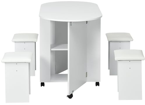 HOMCOM 5 pz Set da Pranzo con Tavolo da Cucina Pieghevole con 2 Ripiani e 4 Sgabelli in Legno Truciolato, Bianco