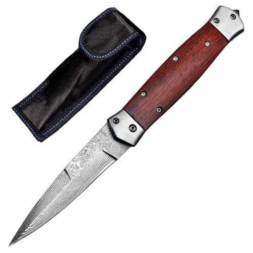 Joa Couteau de poche Damas pliable de qualité supérieure - Couteau de survie - Couteau de chasse - En acier damassé - Petit avec manche en bois