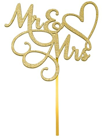 Mr & Mrs Cake Topper, 15,3 cm Gold Herz Hochzeit Verlobung Kuchenaufsatz, Brautparty Thema Happy Birthday Party Glitzernde Kuchendekorationen