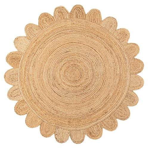 Jaipur Weaver Group 6x6 Ft Feet Natural Jute Scallop Round Rug, Scalloped 'Natural' Edge Color Braided Reversible Rivo Rug Boho Large Circular Handmade Area Rugs, MERN-1-2x33