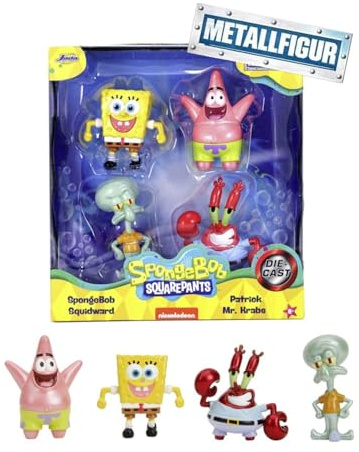 Jada Toys 4er-Set Spongebob Figuren (Spongebob Schwammkopf, Patrick, Thaddäus und Mr. Krabs) - 4 Sammelfiguren aus Metall, Spielzeug für Fans & Sammler ab 8 Jahre, je 6,5cm