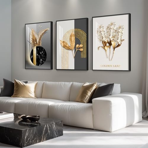 Gerahmte moderne Luxus-Wandkunst für Wohnzimmer, Set mit 3 Stück, schwarz, weiß, gold, zeitgenössische abstrakte Gemälde, Kunstwerk für Wände, große Drucke, Bilder für Büro, Wanddekoration, insgesamt