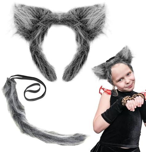 UILYNIU 2 Stück Grau Wolf Kostüm Zubehör Set, Wolf Ohren Stirnband Wolf Schwanz Wolf Halloween Kostüm für Kinder Erwachsene Werwolf Kostüm Zubehör Furry Kostüm für Halloween Party Cosplay